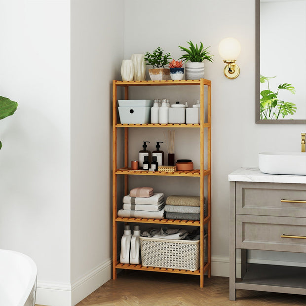5-Tier Storage Shelf – Bamboo – Natural – Multifunctional Design for Bathroom, Kitchen, Living Room, and Hallway