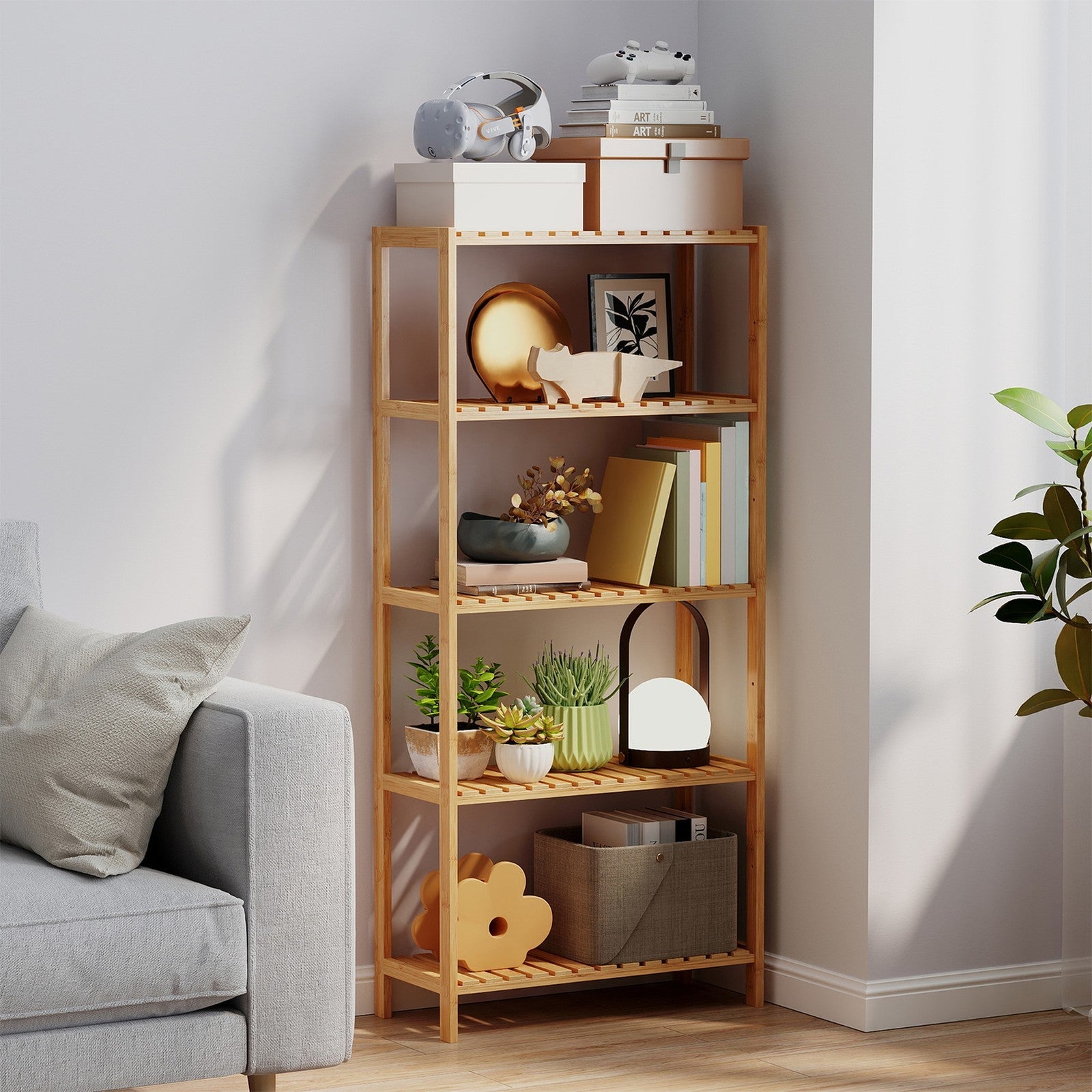 5-Tier Storage Shelf – Bamboo – Natural – Multifunctional Design for Bathroom, Kitchen, Living Room, and Hallway