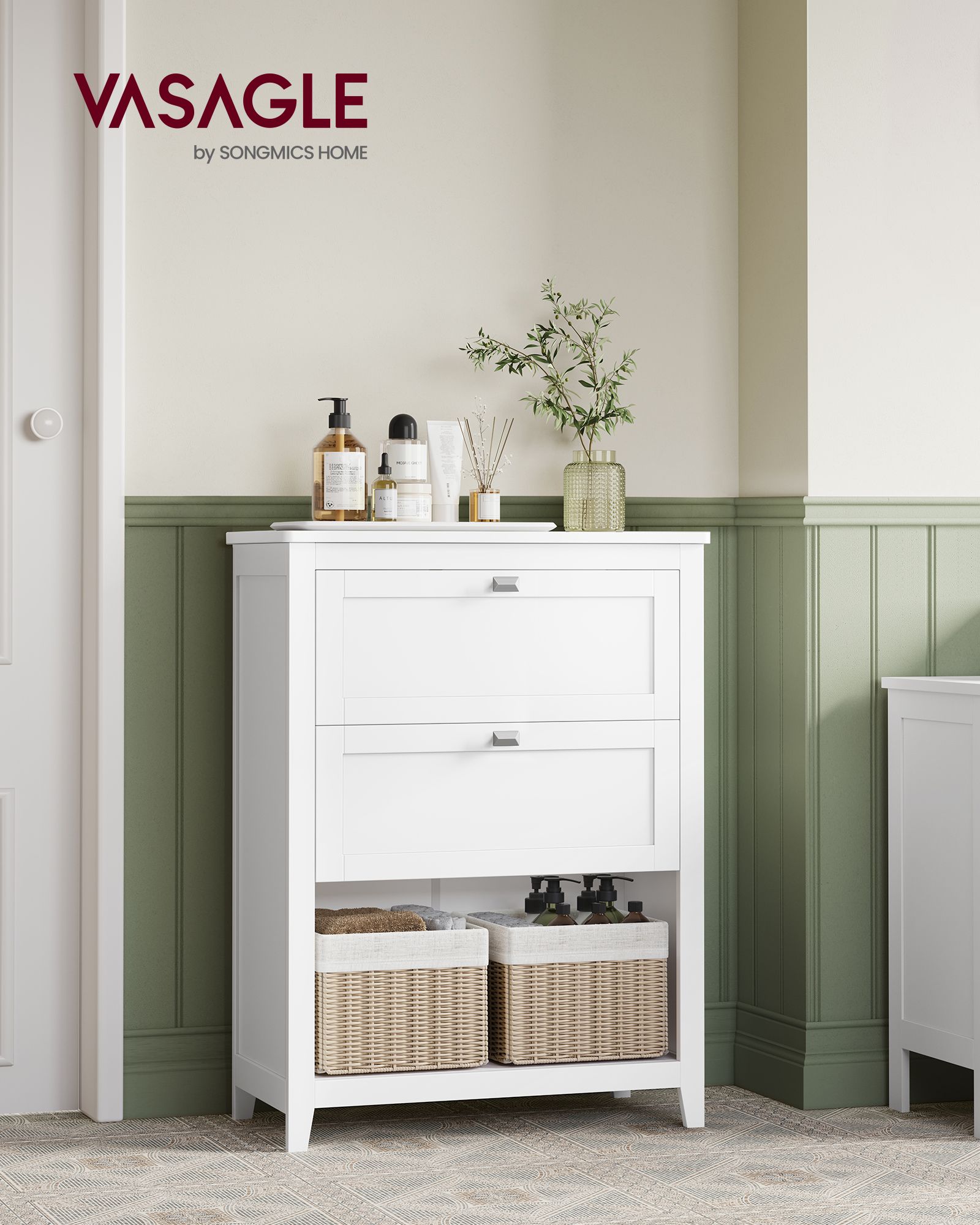 Bathroom Cabinet – Wood – Cloud White – 2 Drawers with Adjustable Dividers and 2 Baskets