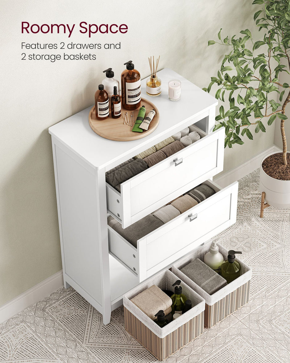 Bathroom Cabinet – Wood – Cloud White – 2 Drawers with Adjustable Dividers and 2 Baskets