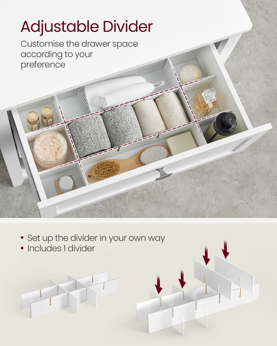 Bathroom Cabinet – Wood – Cloud White – 2 Drawers with Adjustable Dividers and 2 Baskets