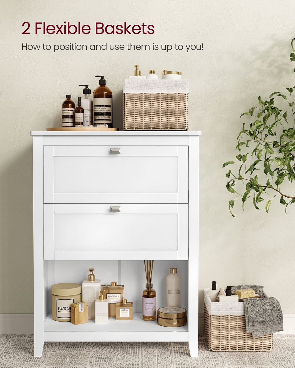 Bathroom Cabinet – Wood – Cloud White – 2 Drawers with Adjustable Dividers and 2 Baskets