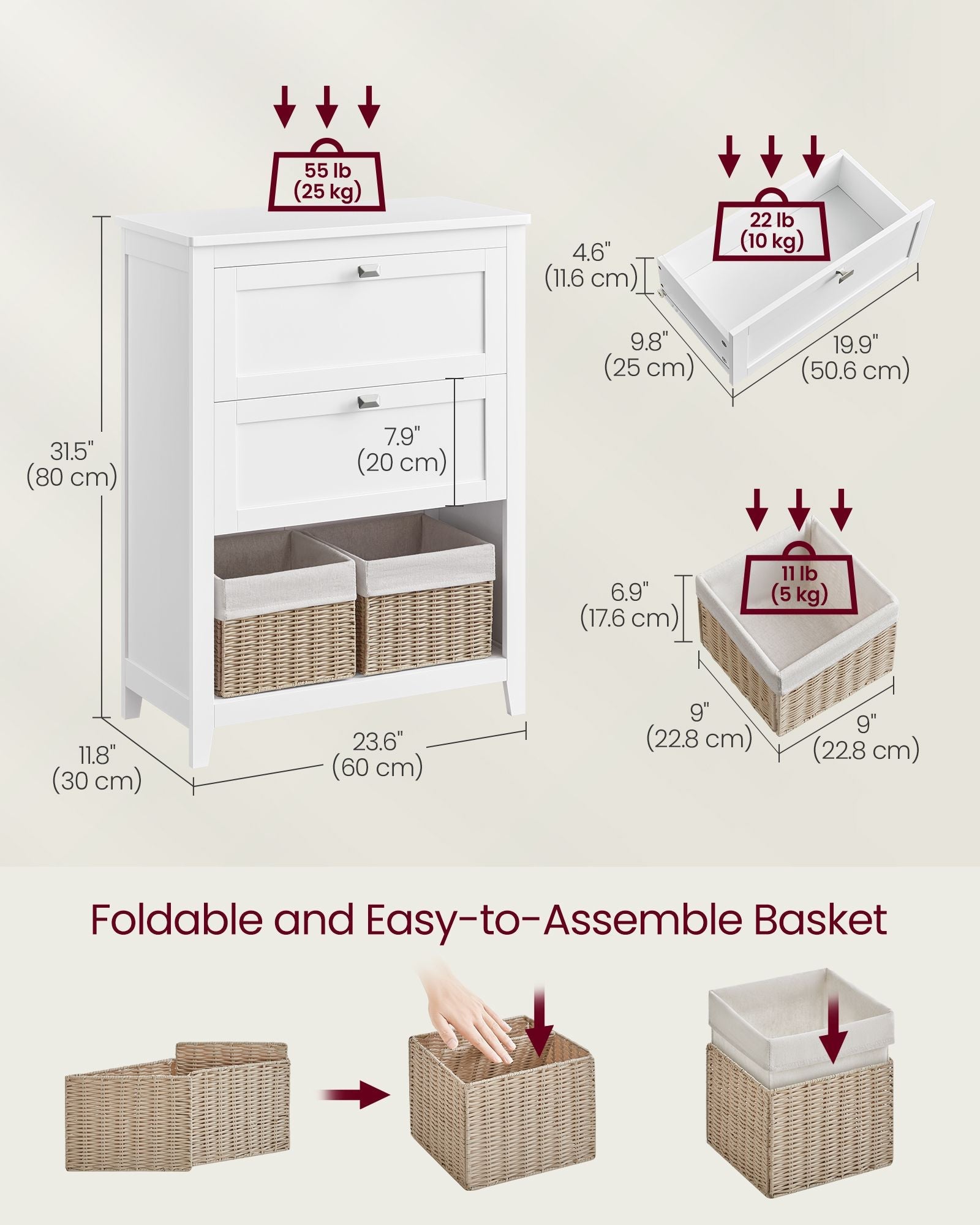 Bathroom Cabinet – Wood – Cloud White – 2 Drawers with Adjustable Dividers and 2 Baskets