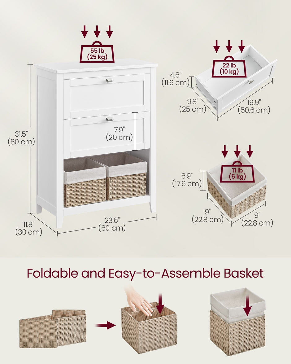 Bathroom Cabinet – Wood – Cloud White – 2 Drawers with Adjustable Dividers and 2 Baskets