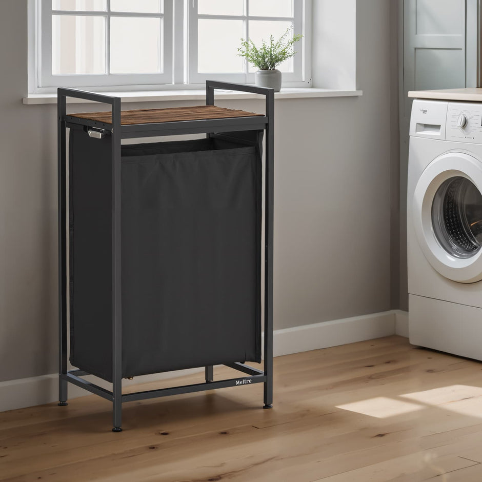 Laundry Hamper – Metal – Rustic Brown and Black – Pull-Out Liner with Shelf, 65L