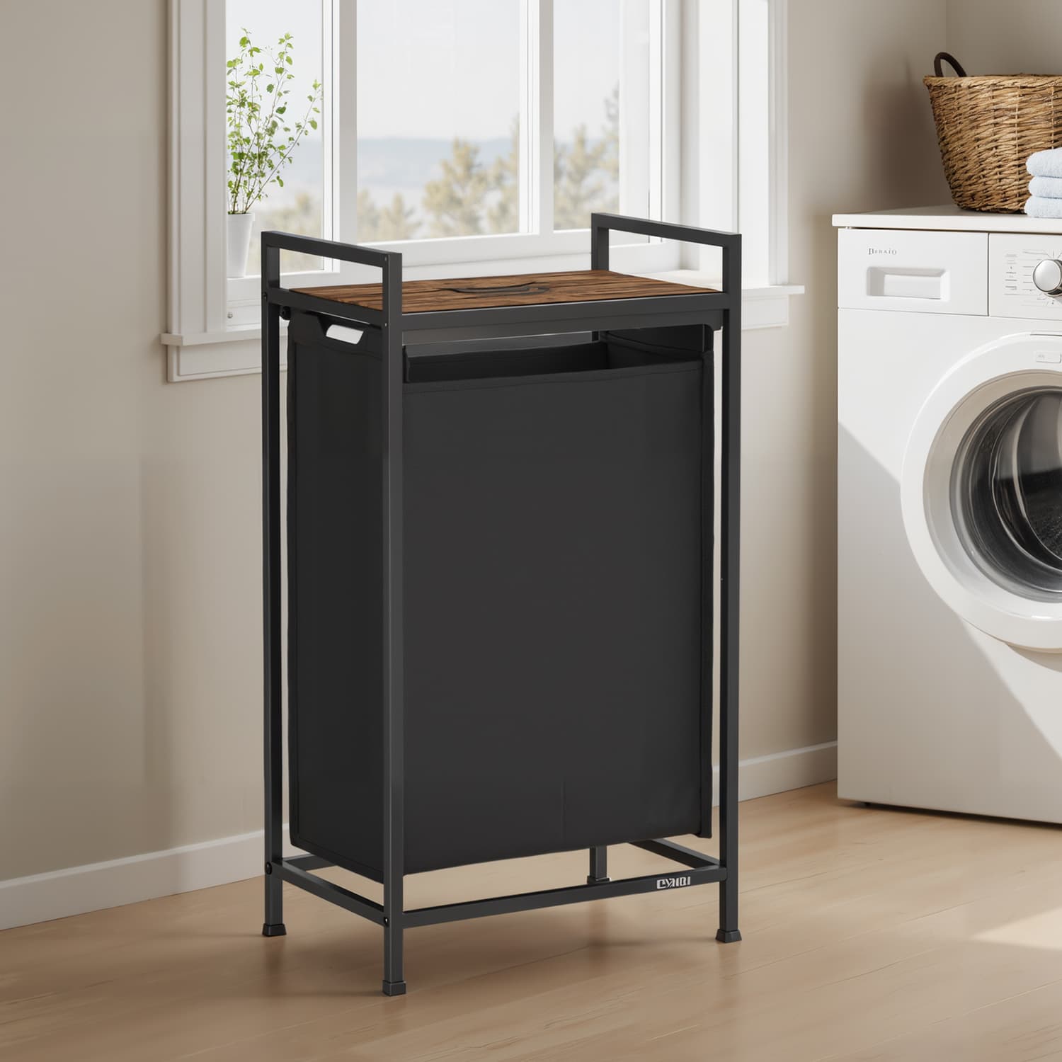 Laundry Hamper – Metal – Rustic Brown and Black – Pull-Out Liner with Shelf, 65L