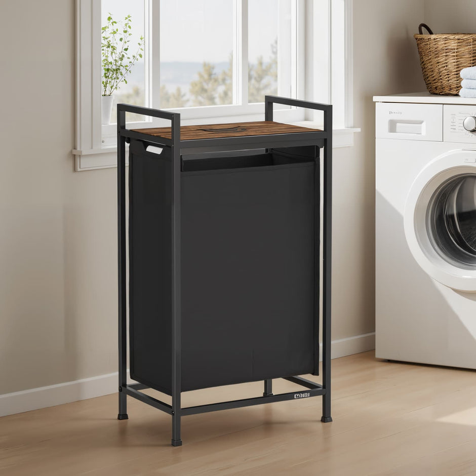 Laundry Hamper – Metal – Rustic Brown and Black – Pull-Out Liner with Shelf, 65L