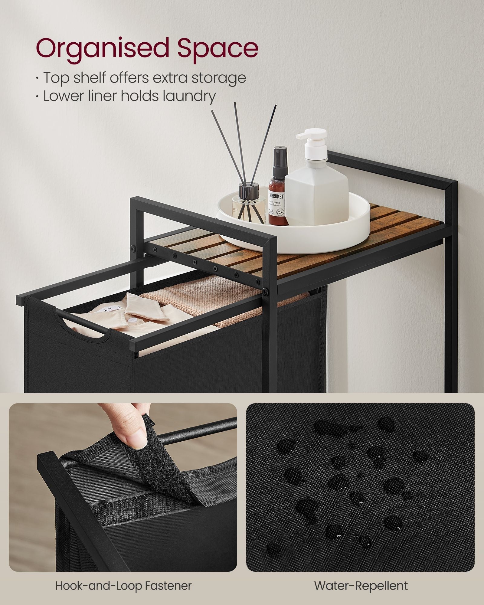 Pull-Out Laundry Basket – Metal Frame – Ink Black and Rustic Brown – Removable Laundry Bag