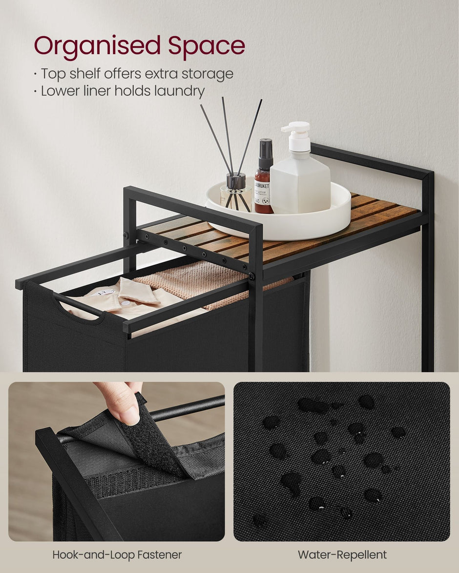 Pull-Out Laundry Basket – Metal Frame – Ink Black and Rustic Brown – Removable Laundry Bag