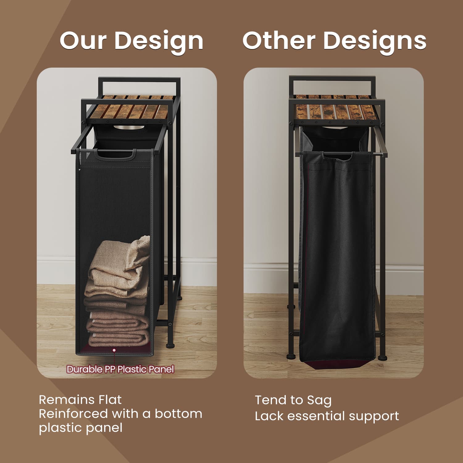 Laundry Hamper – Metal – Rustic Brown and Black – Pull-Out Liner with Shelf, 65L