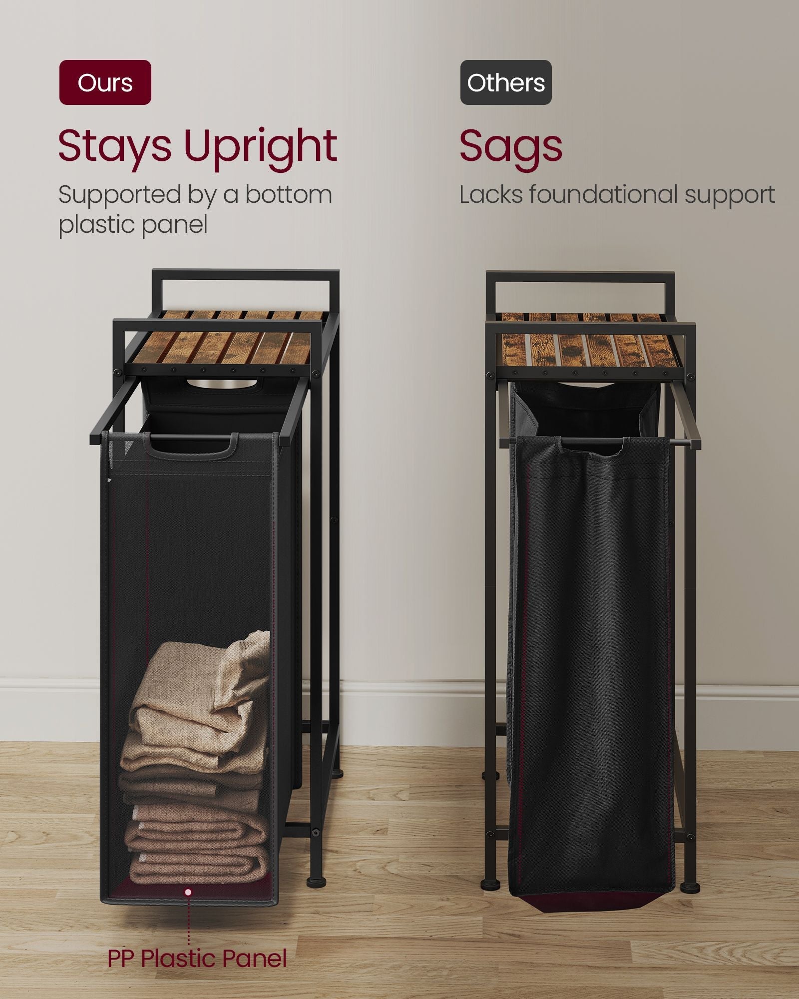 Pull-Out Laundry Basket – Metal Frame – Ink Black and Rustic Brown – Removable Laundry Bag