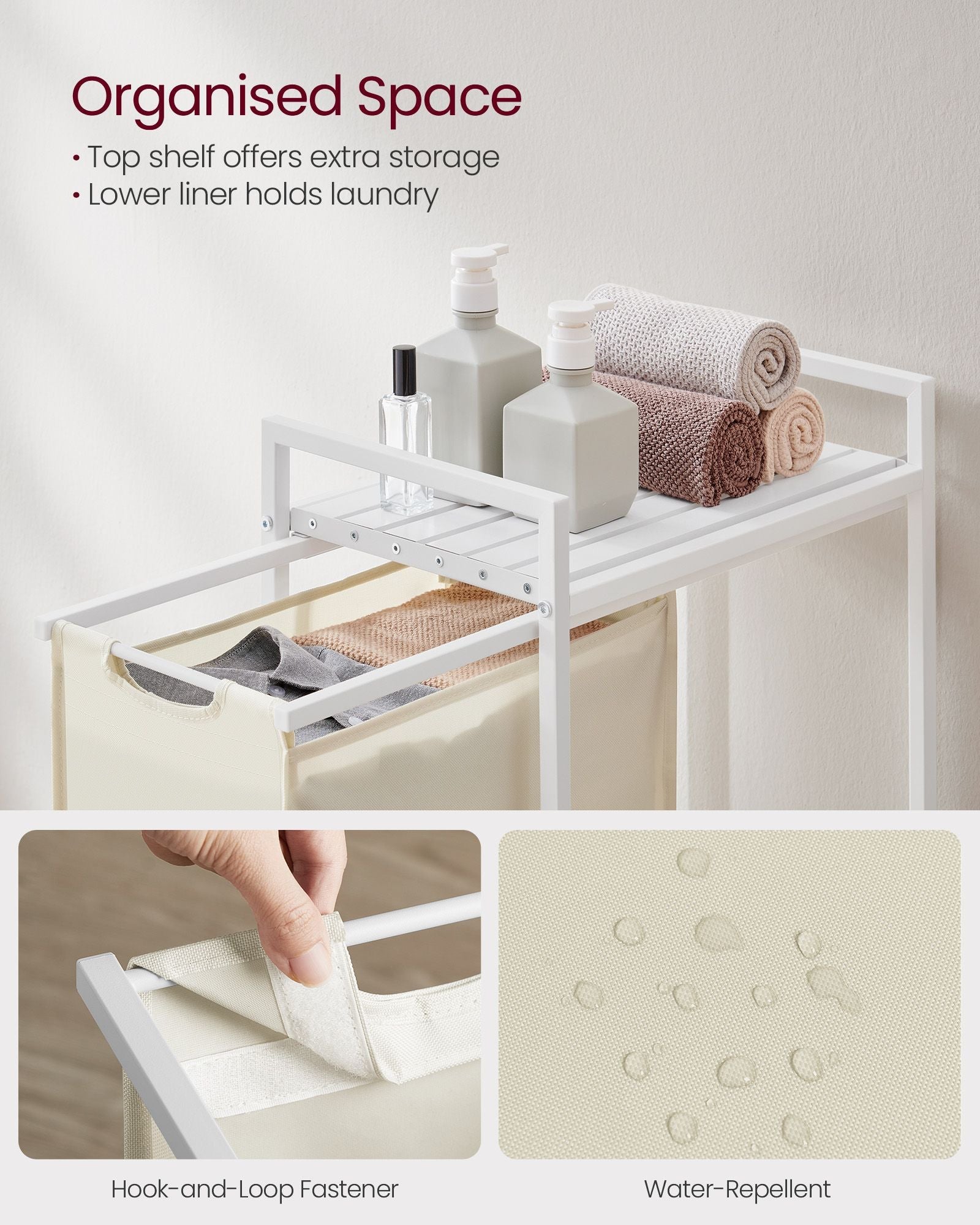 Pull-Out Laundry Basket – Metal Frame – Cream White and Cloud White – Removable Laundry Bag
