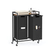 Laundry Basket – Fabric – Ink Black and Rustic Brown – 2 Compartment Hamper with Wheels and Storage Shelf