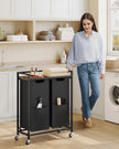 Laundry Basket – Fabric – Ink Black and Rustic Brown – 2 Compartment Hamper with Wheels and Storage Shelf