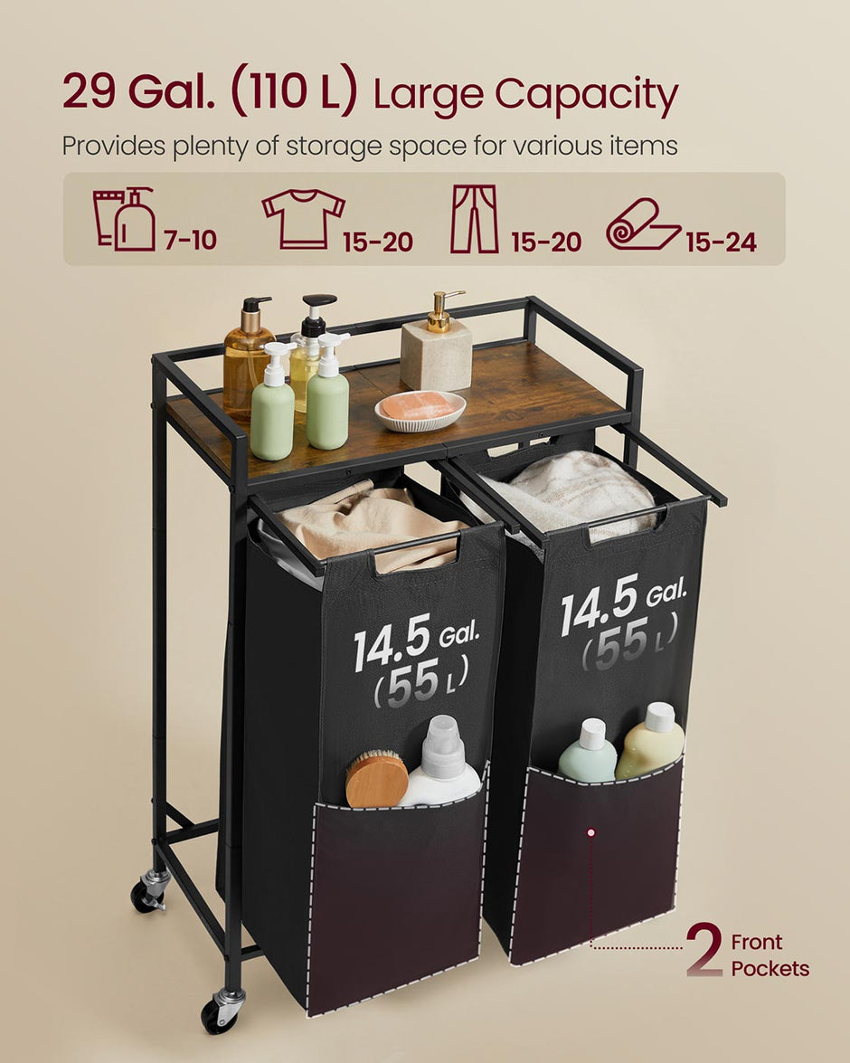 Laundry Basket – Fabric – Ink Black and Rustic Brown – 2 Compartment Hamper with Wheels and Storage Shelf
