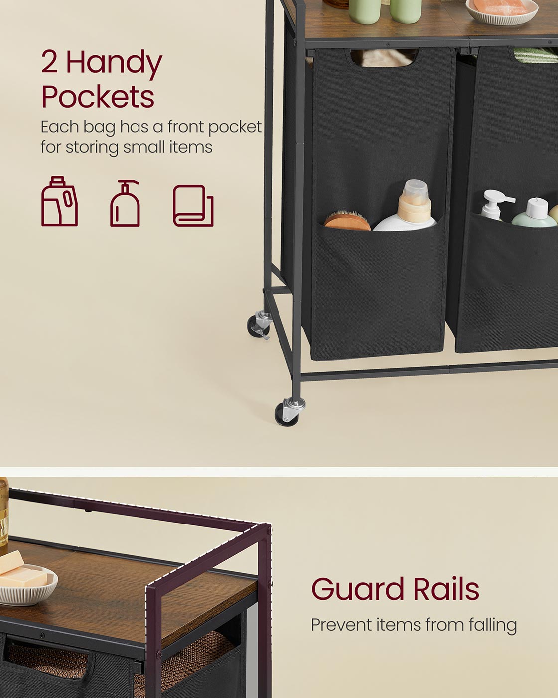 Laundry Basket – Fabric – Ink Black and Rustic Brown – 2 Compartment Hamper with Wheels and Storage Shelf