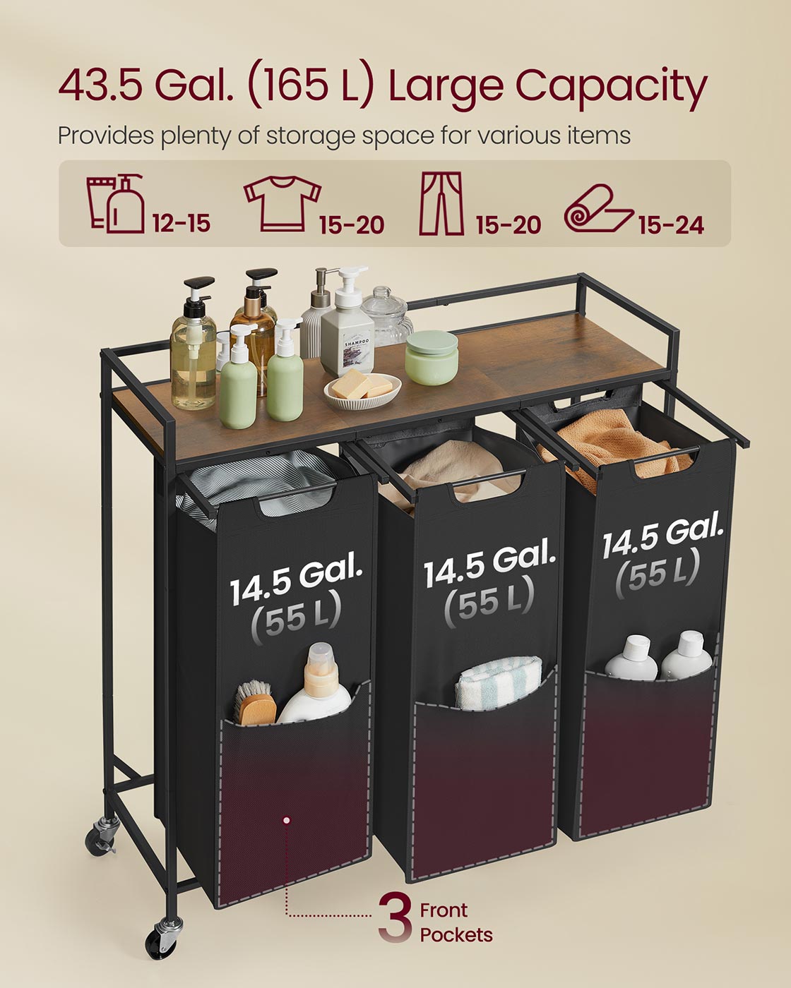 Laundry Basket – Plastic – Ink Black and Rustic Brown – 3 Compartments with Wheels and Storage Shelf