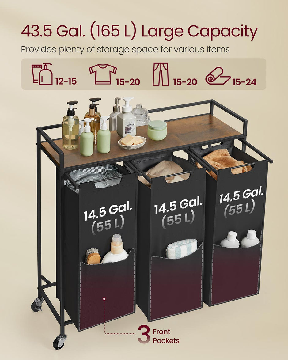 Laundry Basket – Plastic – Ink Black and Rustic Brown – 3 Compartments with Wheels and Storage Shelf