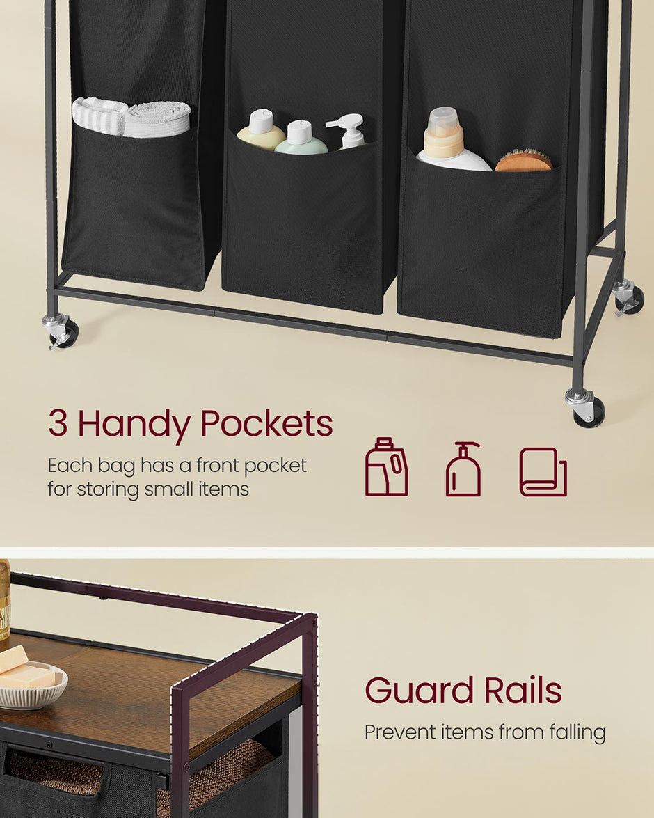 Laundry Basket – Plastic – Ink Black and Rustic Brown – 3 Compartments with Wheels and Storage Shelf