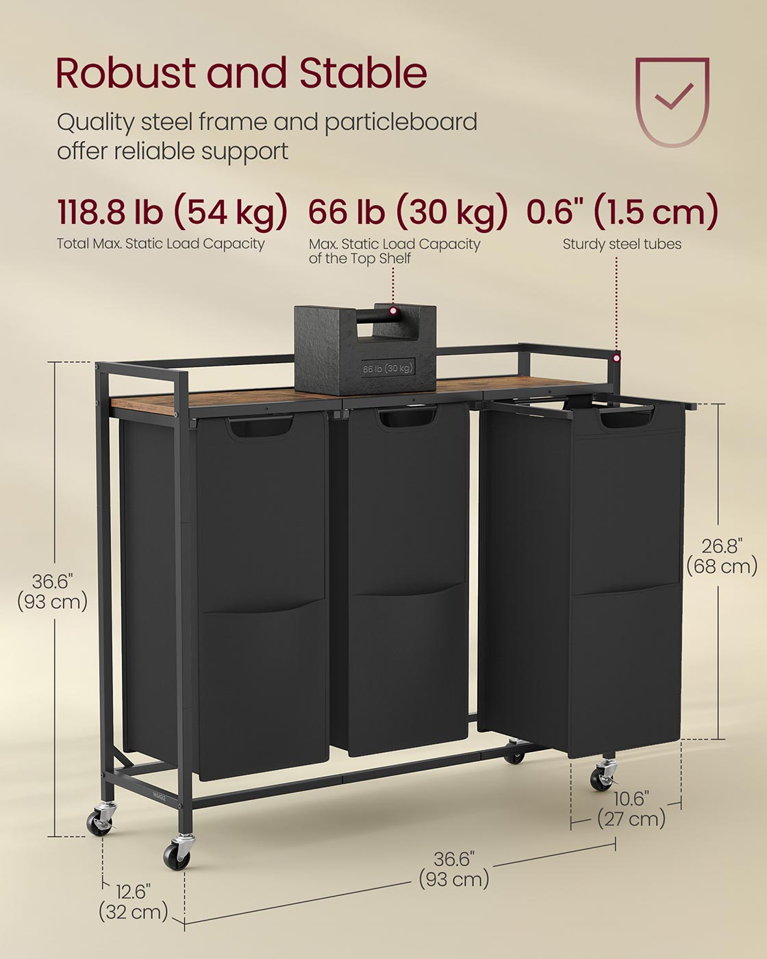 Laundry Basket – Plastic – Ink Black and Rustic Brown – 3 Compartments with Wheels and Storage Shelf