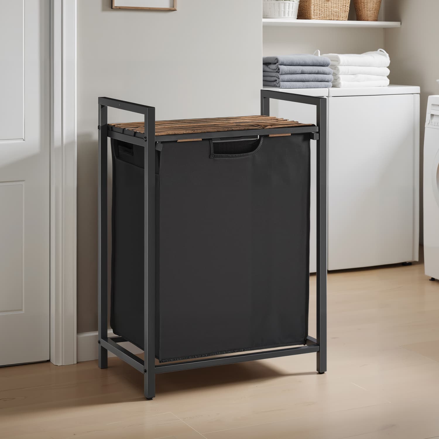 Laundry Hamper – Metal – Rustic Brown and Black – Pull-Out Liner with Shelf, 65L