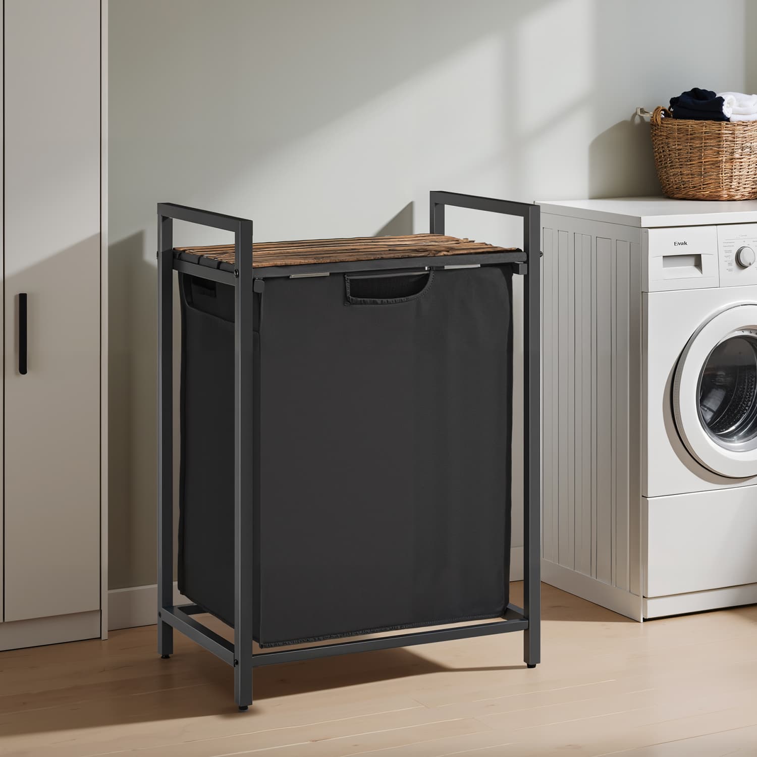 Laundry Hamper – Metal – Rustic Brown and Black – Pull-Out Liner with Shelf, 65L