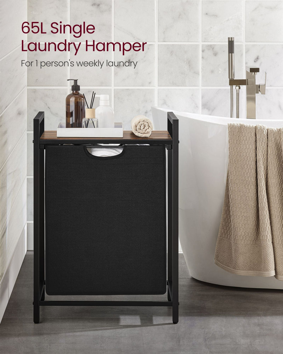 Laundry Basket – Metal Frame and Fabric – Rustic Brown and Black – Pull-Out and Removable Bag, 65L