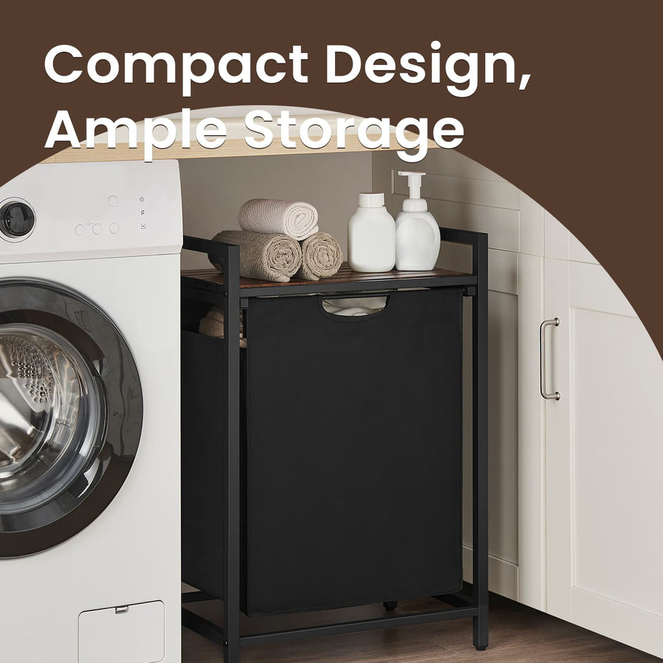 Laundry Hamper – Metal – Rustic Brown and Black – Pull-Out Liner with Shelf, 65L