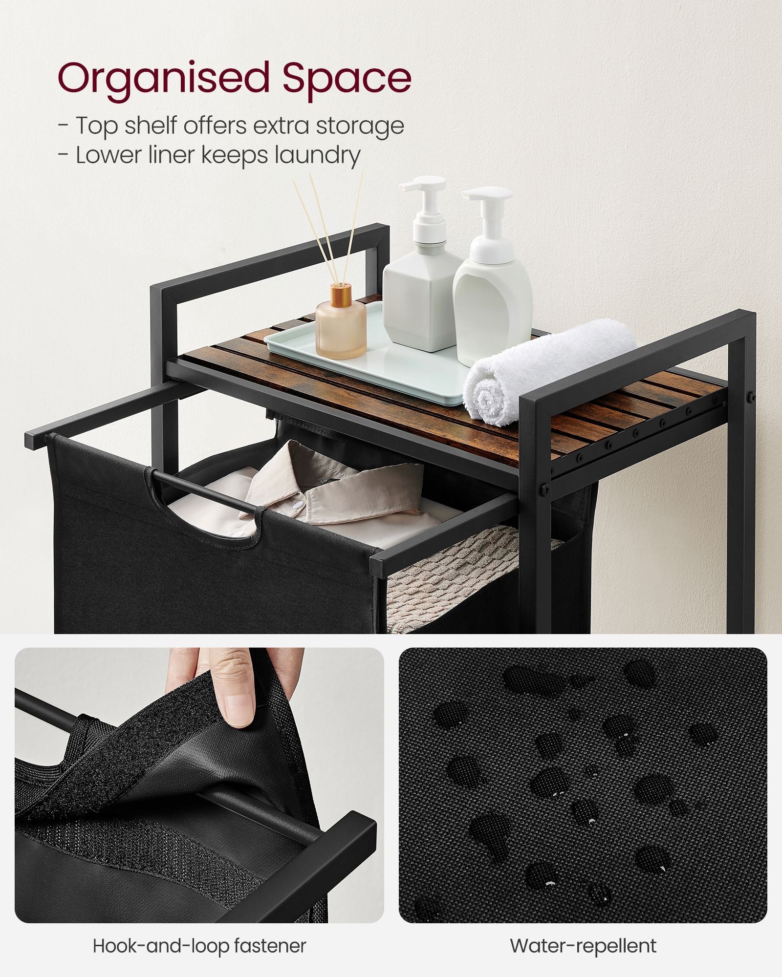 Laundry Basket – Metal Frame and Fabric – Rustic Brown and Black – Pull-Out and Removable Bag, 65L