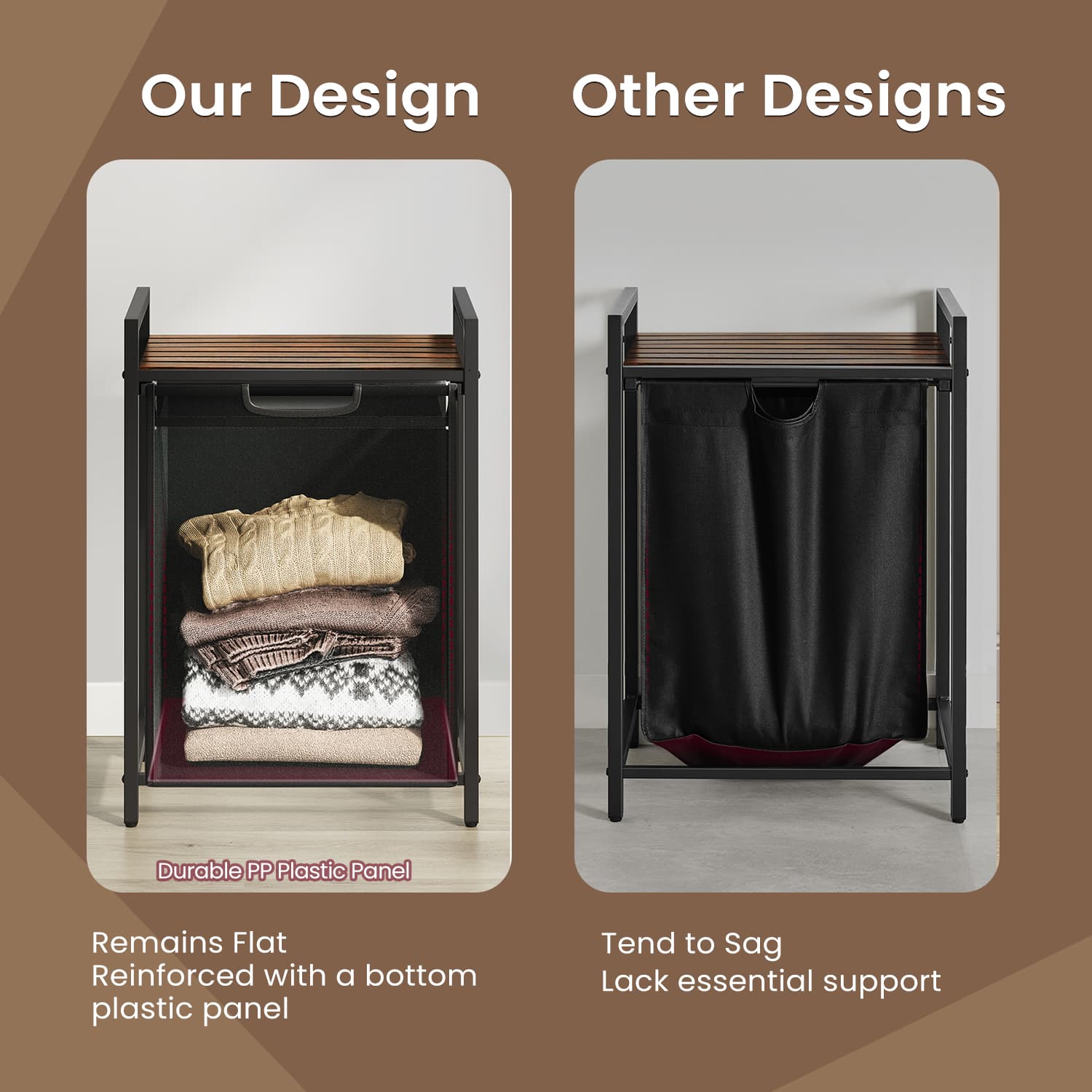 Laundry Hamper – Metal – Rustic Brown and Black – Pull-Out Liner with Shelf, 65L