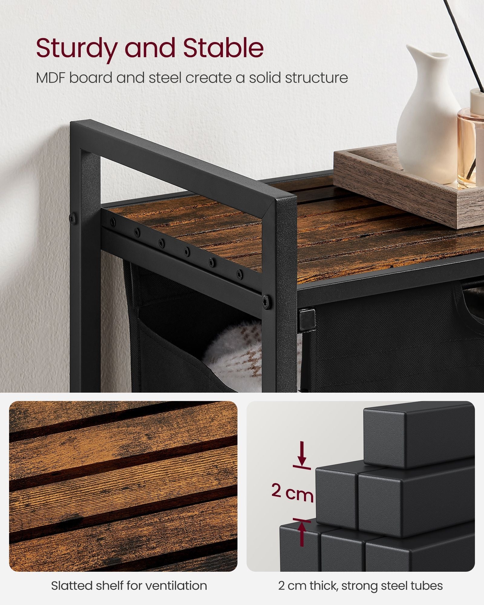 Laundry Basket – Metal Frame and Fabric – Rustic Brown and Black – Pull-Out and Removable Bag, 65L