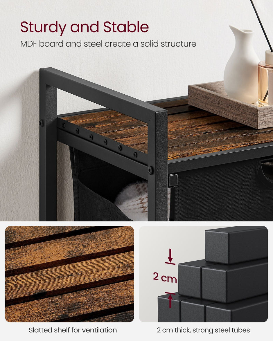 Laundry Basket – Metal Frame and Fabric – Rustic Brown and Black – Pull-Out and Removable Bag, 65L