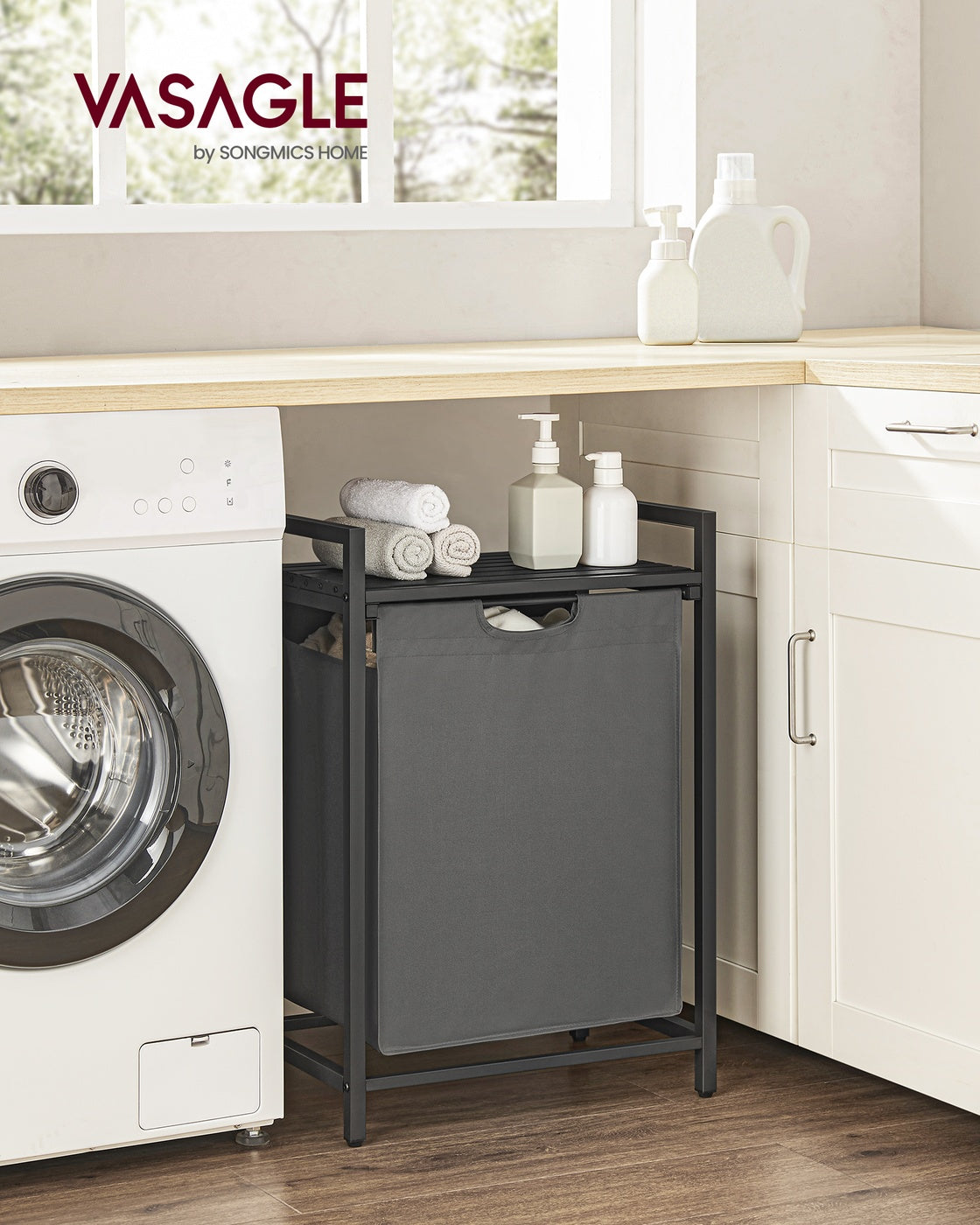 Laundry Basket – Metal Frame – Rustic Brown and Black – Pull-Out and Removable Liner Bag, 65L