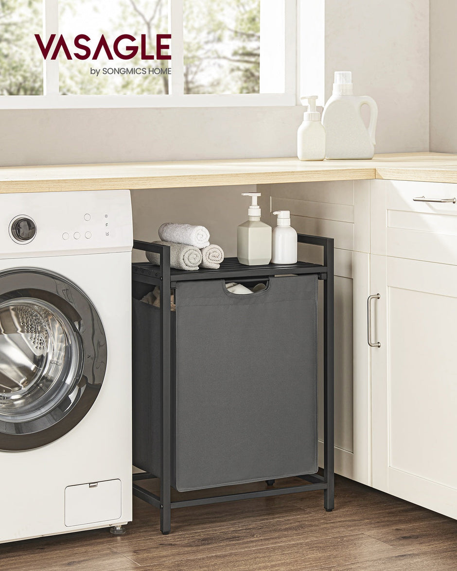 Laundry Basket – Metal Frame – Rustic Brown and Black – Pull-Out and Removable Liner Bag, 65L