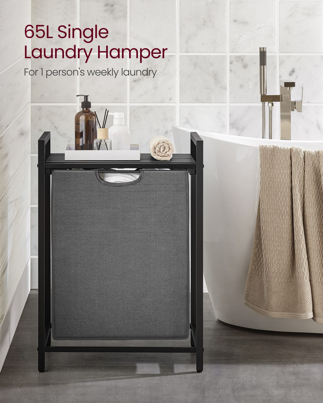 Laundry Basket – Metal Frame – Rustic Brown and Black – Pull-Out and Removable Liner Bag, 65L