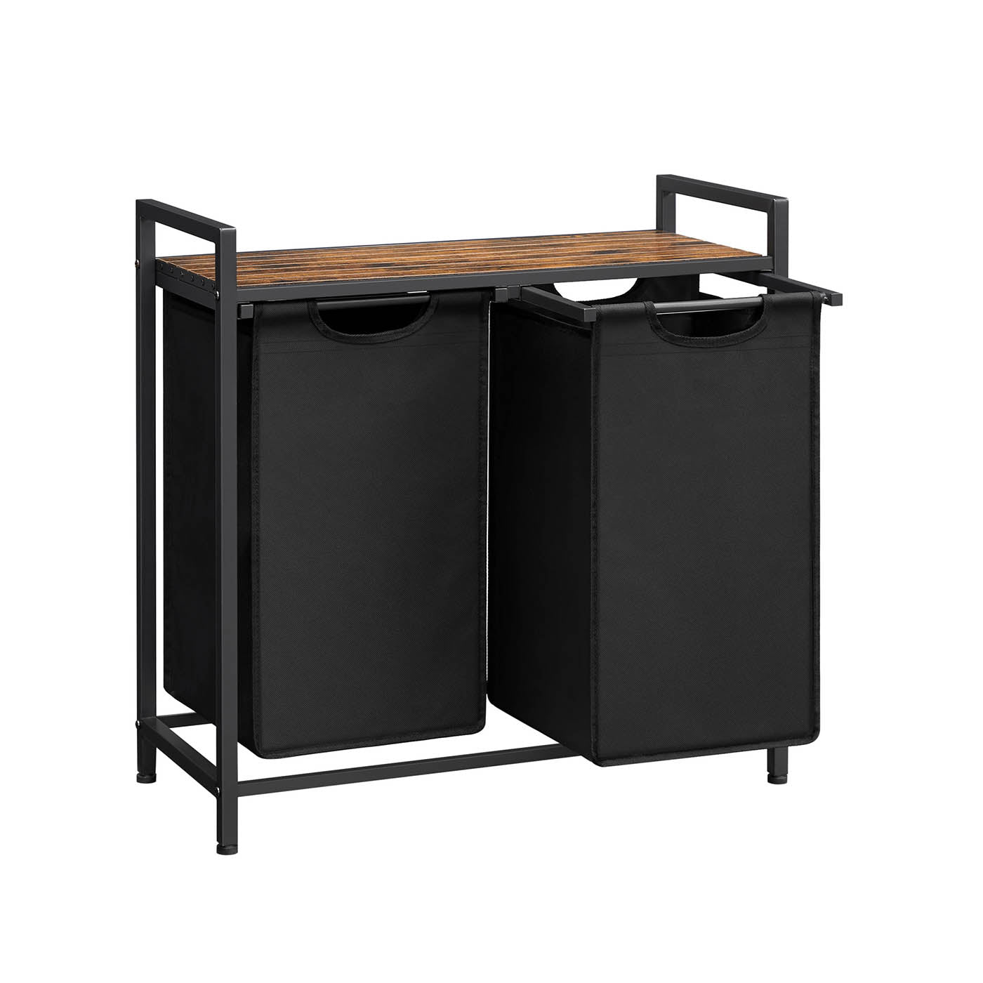 Laundry Sorter – Metal Frame and Oxford Fabric – Rustic Brown and Black – Includes Removable Bags and Shelf