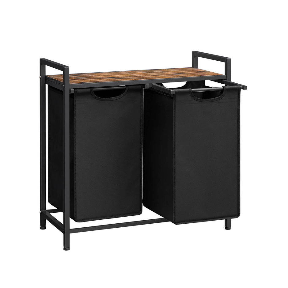 Laundry Sorter – Metal Frame and Oxford Fabric – Rustic Brown and Black – Includes Removable Bags and Shelf