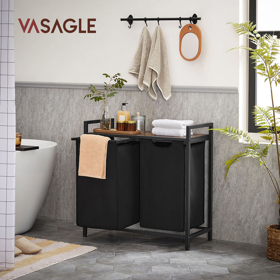 Laundry Sorter – Metal Frame and Oxford Fabric – Rustic Brown and Black – Includes Removable Bags and Shelf