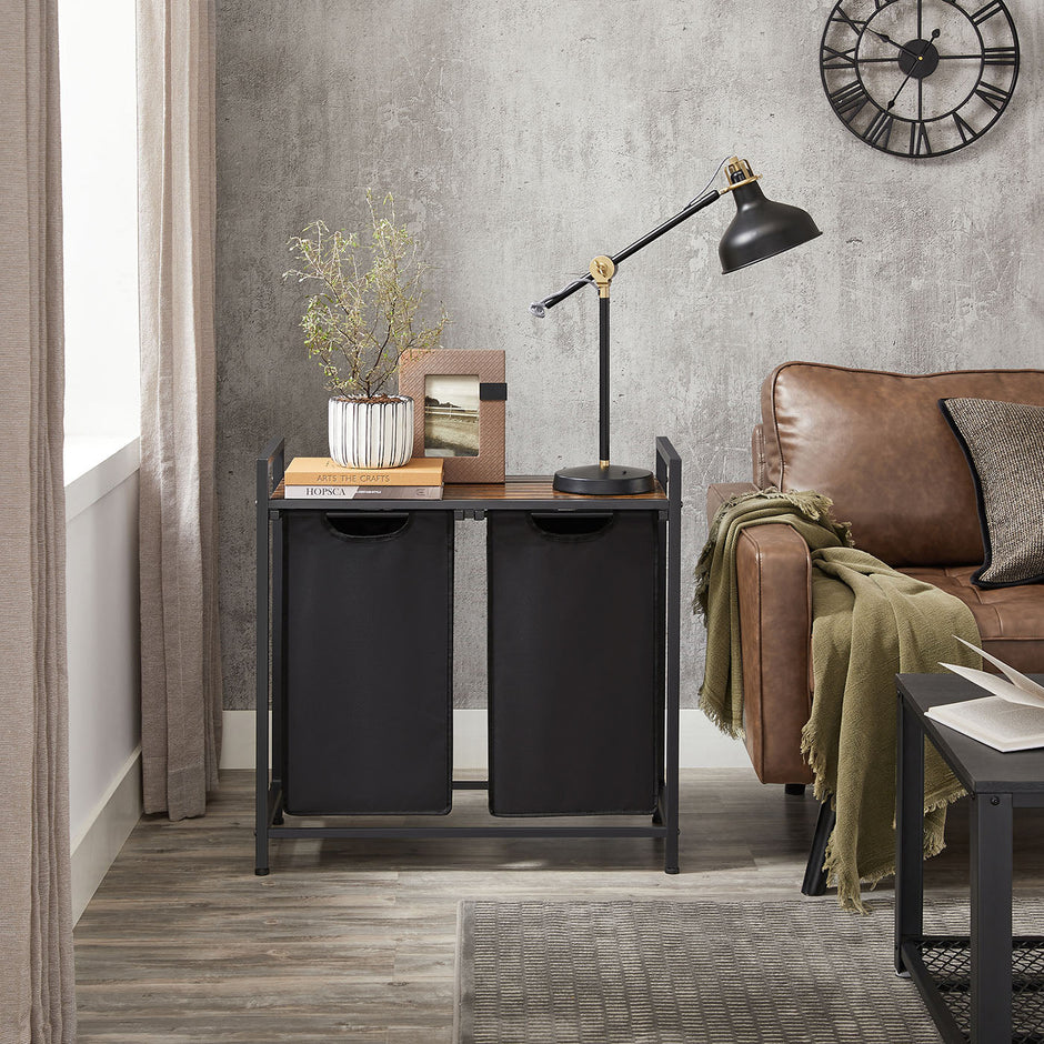 Laundry Sorter – Metal Frame and Oxford Fabric – Rustic Brown and Black – Includes Removable Bags and Shelf