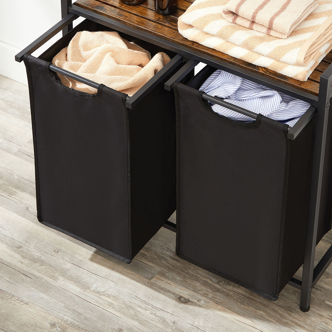Laundry Sorter – Metal Frame and Oxford Fabric – Rustic Brown and Black – Includes Removable Bags and Shelf