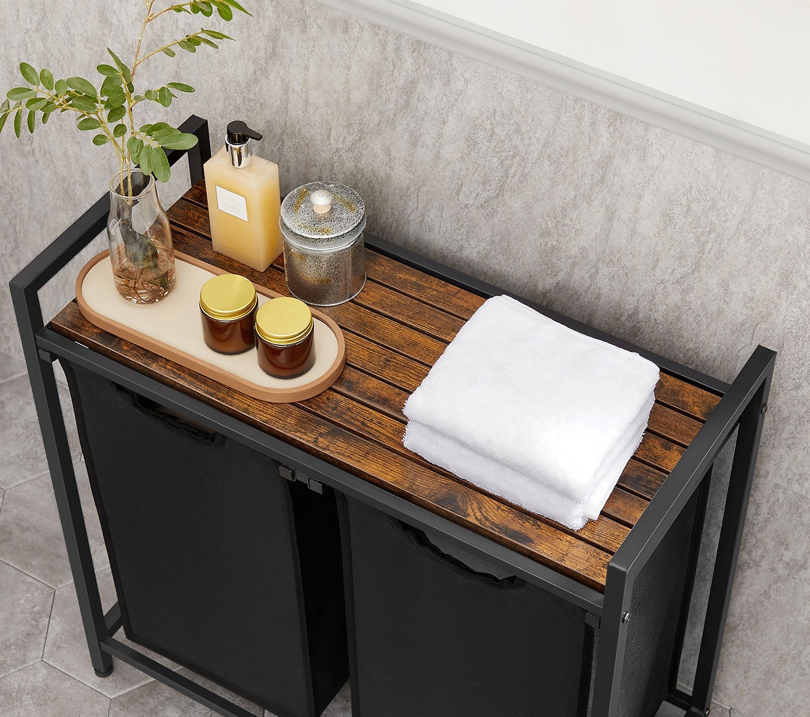 Laundry Sorter – Metal Frame and Oxford Fabric – Rustic Brown and Black – Includes Removable Bags and Shelf
