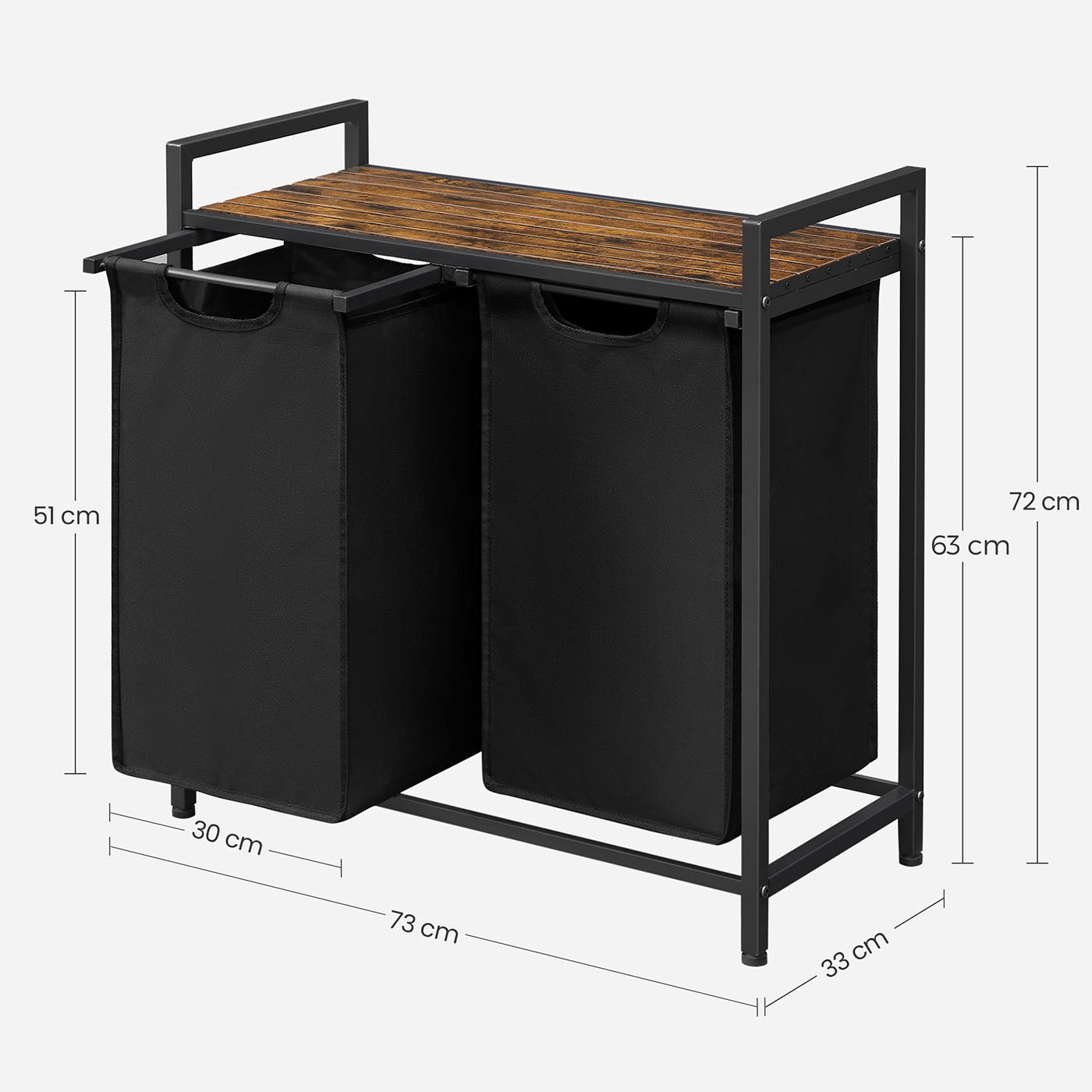 Laundry Sorter – Metal Frame and Oxford Fabric – Rustic Brown and Black – Includes Removable Bags and Shelf