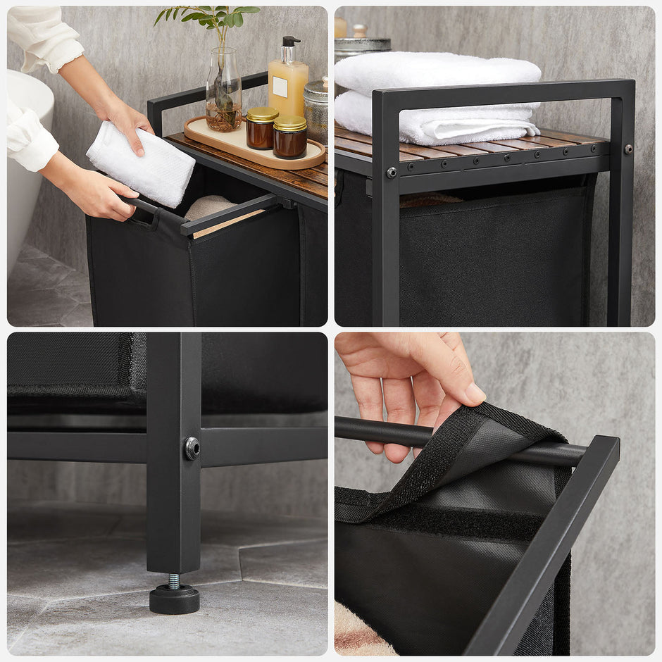 Laundry Sorter – Metal Frame and Oxford Fabric – Rustic Brown and Black – Includes Removable Bags and Shelf