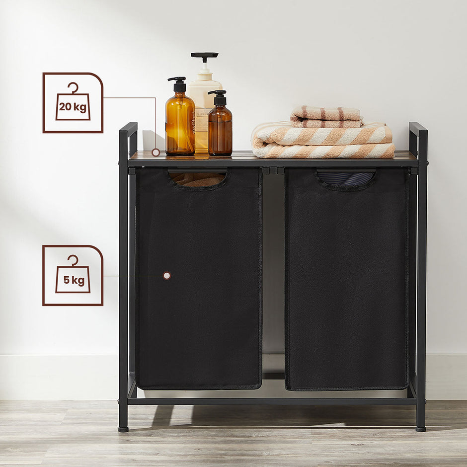 Laundry Sorter – Metal Frame and Oxford Fabric – Rustic Brown and Black – Includes Removable Bags and Shelf