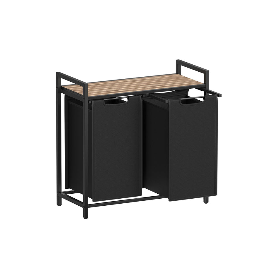 Laundry Hamper – Metal Frame and Oxford Fabric – Rustic Brown and Black – 2-Compartment with Shelf and Removable Bags