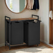 Laundry Hamper – Wood and Fabric – Brown and Black – Two-Section with Removable Bags and Shelf