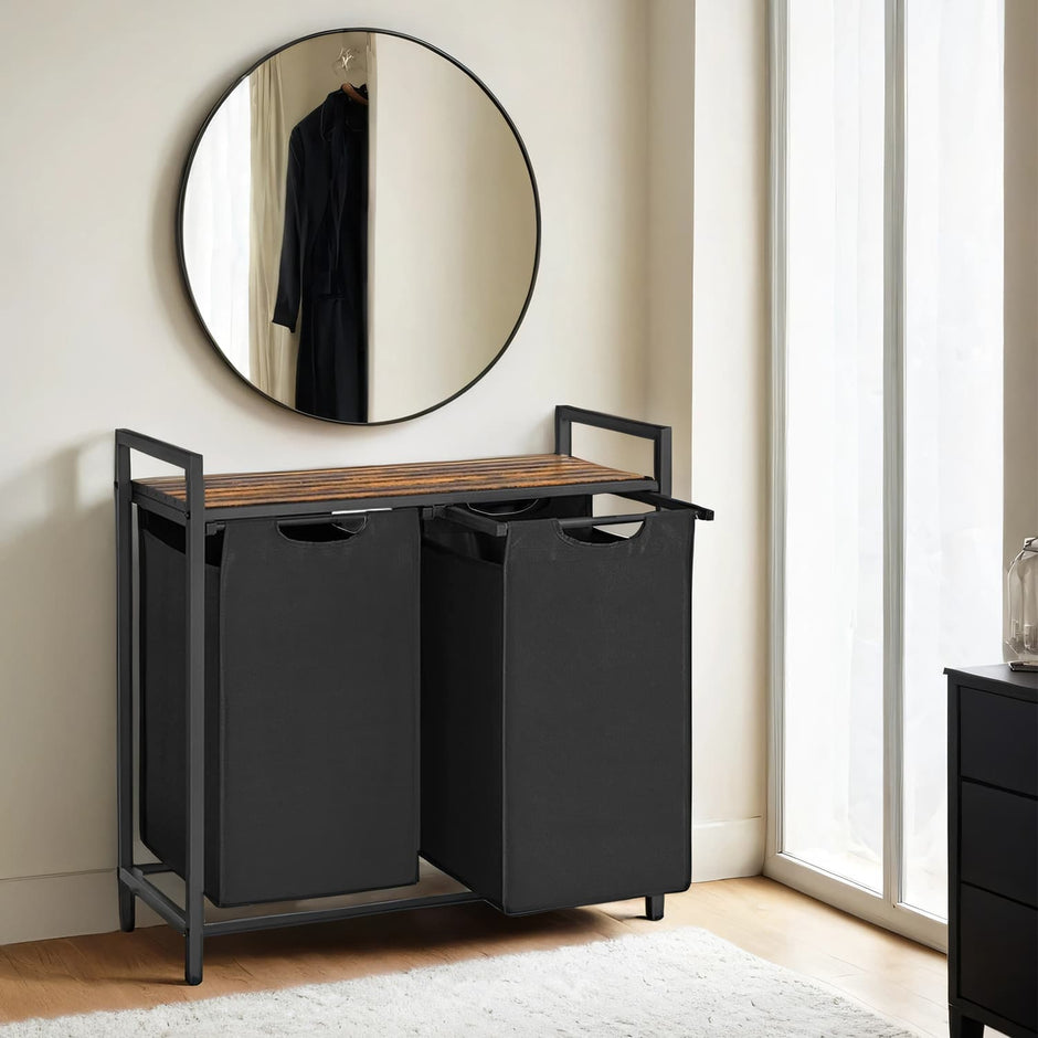 Laundry Hamper – Wood and Fabric – Brown and Black – Two-Section with Removable Bags and Shelf