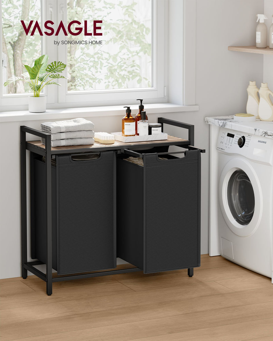 Laundry Hamper – Metal Frame and Oxford Fabric – Rustic Brown and Black – 2-Compartment with Shelf and Removable Bags