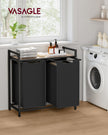 Laundry Hamper – Metal Frame and Oxford Fabric – Rustic Brown and Black – 2-Compartment with Shelf and Removable Bags