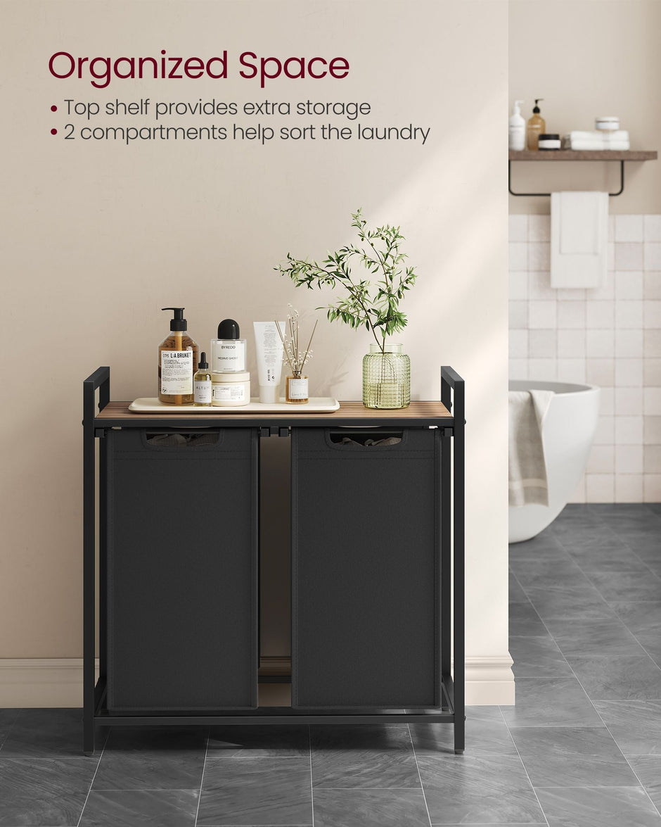 Laundry Hamper – Metal Frame and Oxford Fabric – Rustic Brown and Black – 2-Compartment with Shelf and Removable Bags